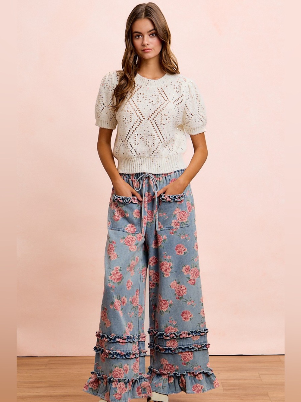BiBi Washed Floral Denim With Ruffle Elastic Wide Pants 10010094801 - Picture 4 of 13